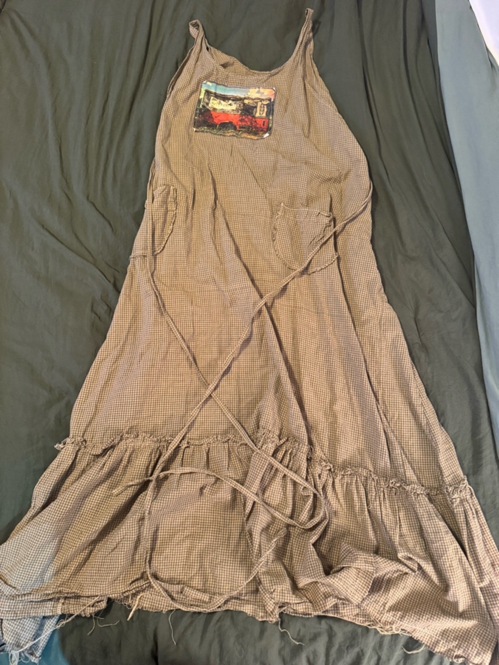 JackLeg Taupe Gingham Maxi Dress with Colorful Chest Patch
